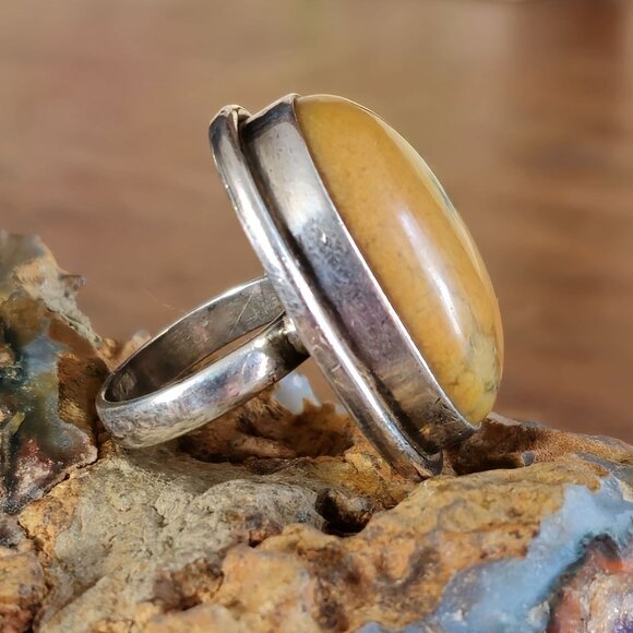 VTG Sterling Silver Feathered Jasper Cabochon Ring Size 7 Bezel Setting Statemen - Picture 5 of 8